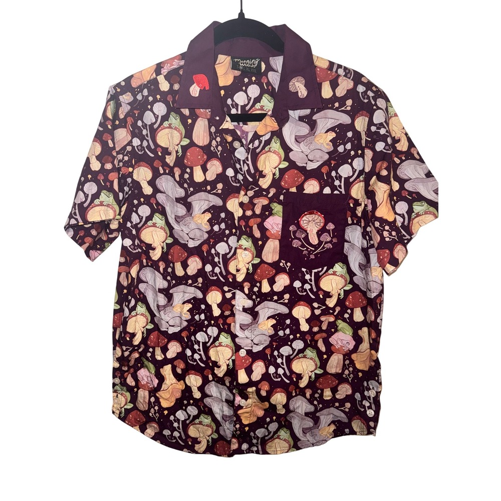 Morning Witch Mushroom Frog Print Button Down Shirt Plum Purple Mens L Cotton